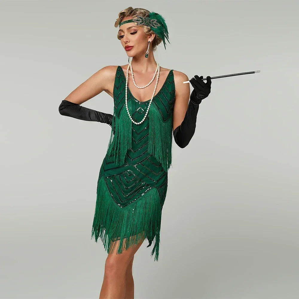 1920s Flapper Dress - Sequin Beaded Gatsby Fringe Mini - Plus Size