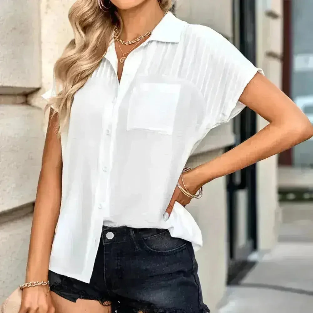 Pleated Short Sleeve Shirt - Women's Summer Blouse in 3 Colors