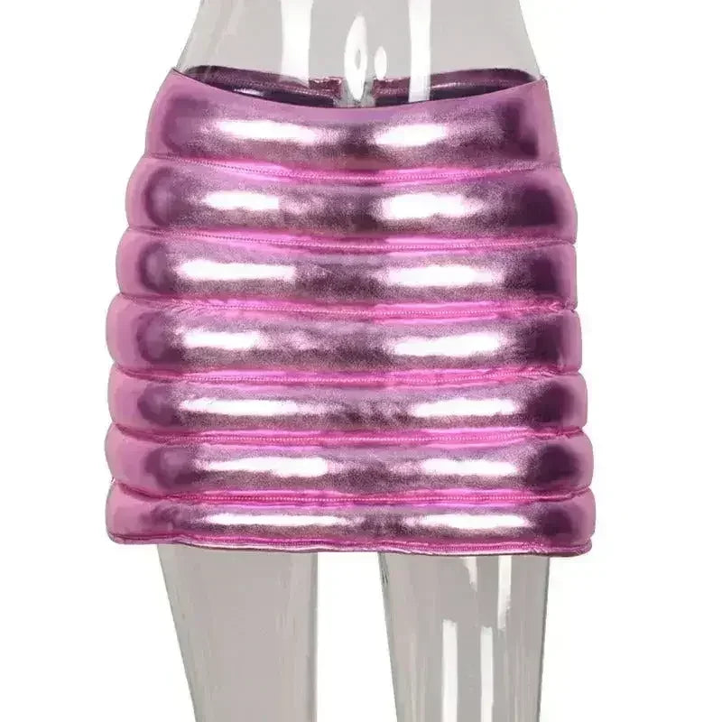 Pink Women's Puffer Skirt Metallic Shiny Warm Quilted Mini A-line