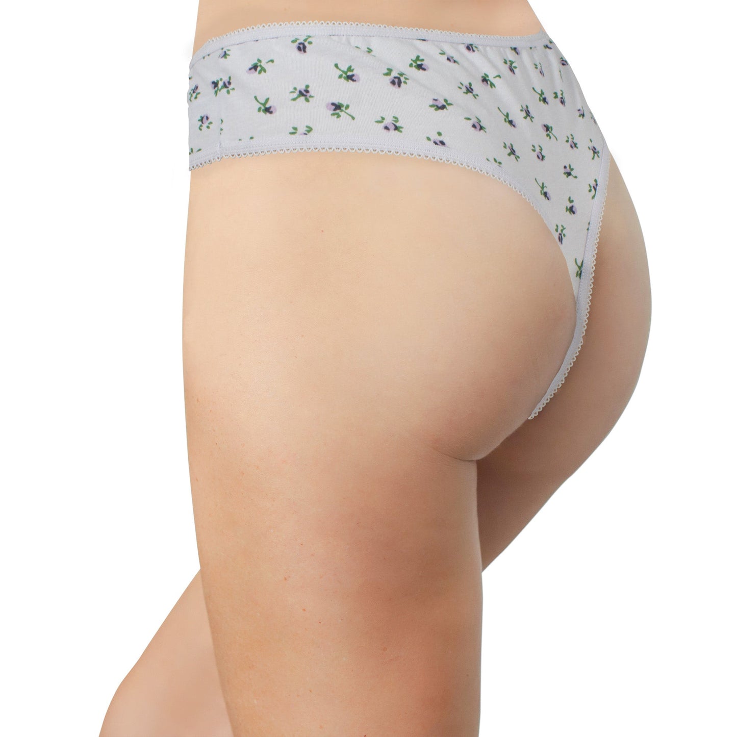 Printed Cotton High Waist Thong with Picot Trim