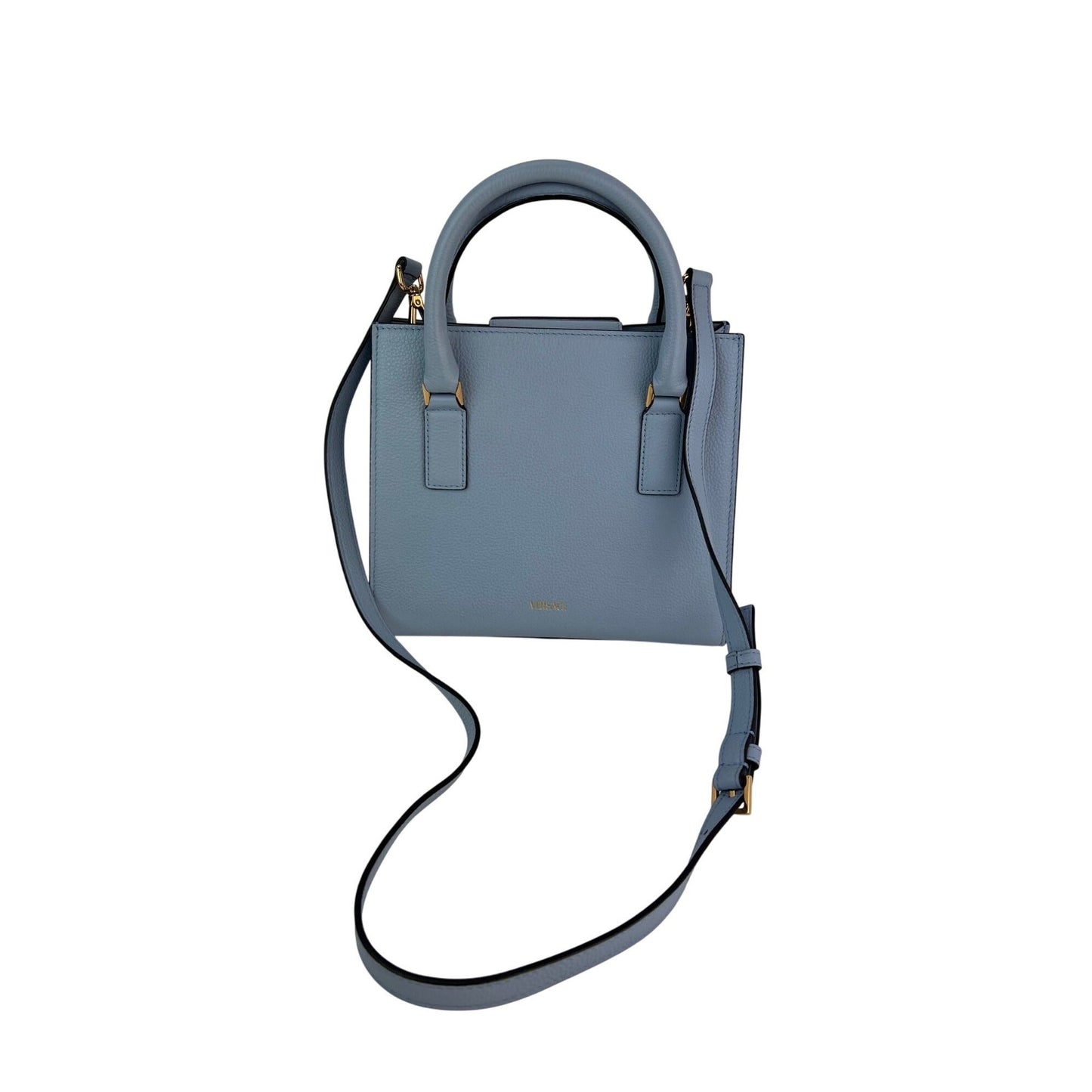Versace Virtus Top Handle Grained Calfskin Light Blue Tote