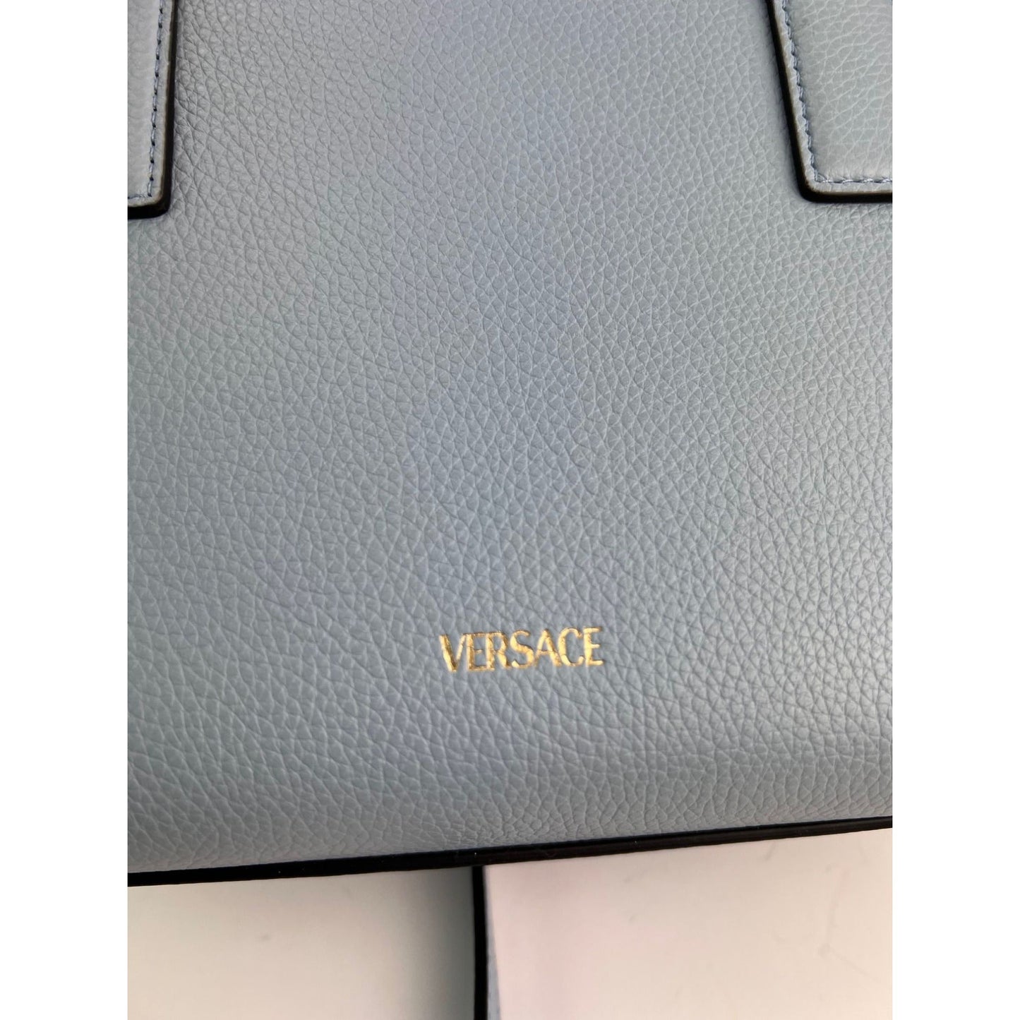 Versace Virtus Top Handle Grained Calfskin Light Blue Tote