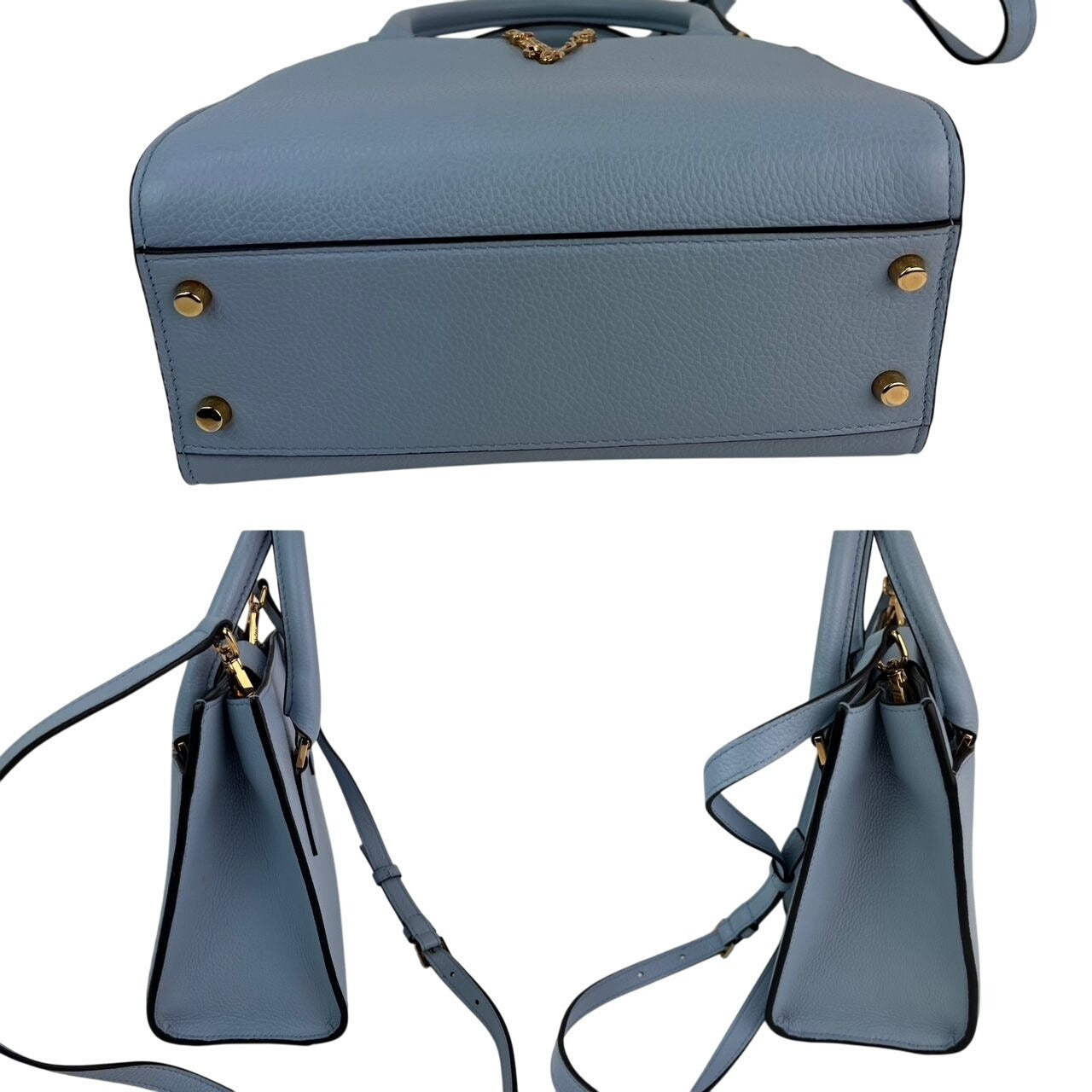 Versace Virtus Top Handle Grained Calfskin Light Blue Tote