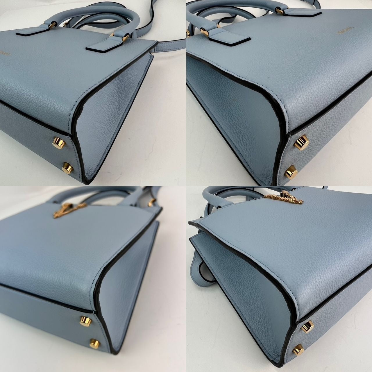 Versace Virtus Top Handle Grained Calfskin Light Blue Tote