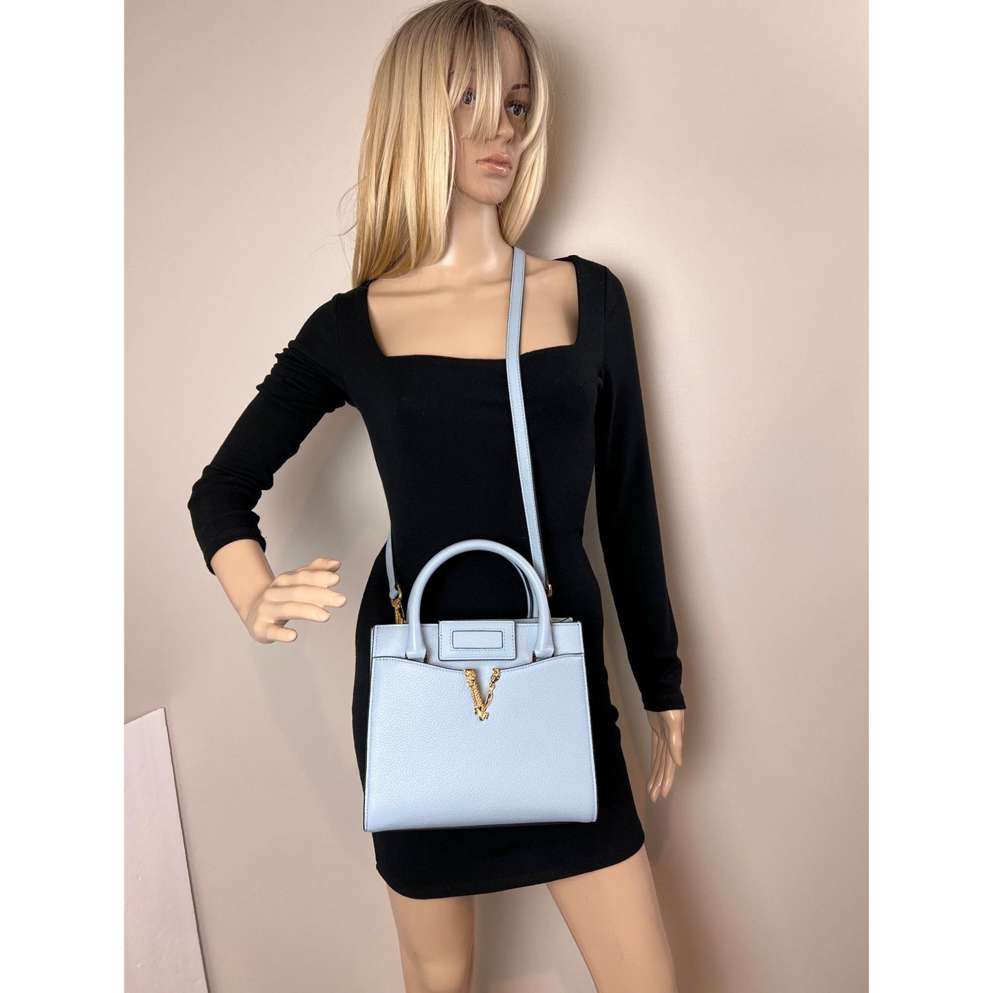 Versace Virtus Top Handle Grained Calfskin Light Blue Tote