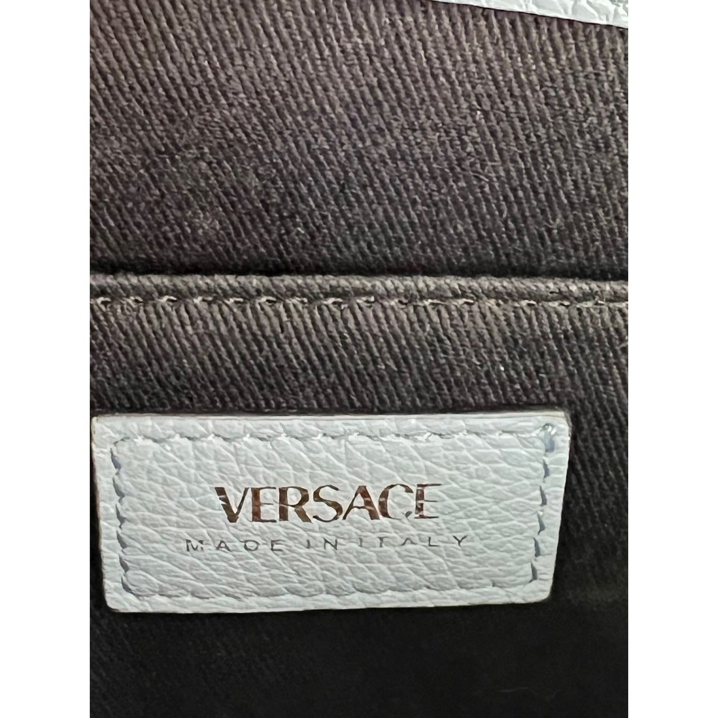 Versace Virtus Top Handle Grained Calfskin Light Blue Tote