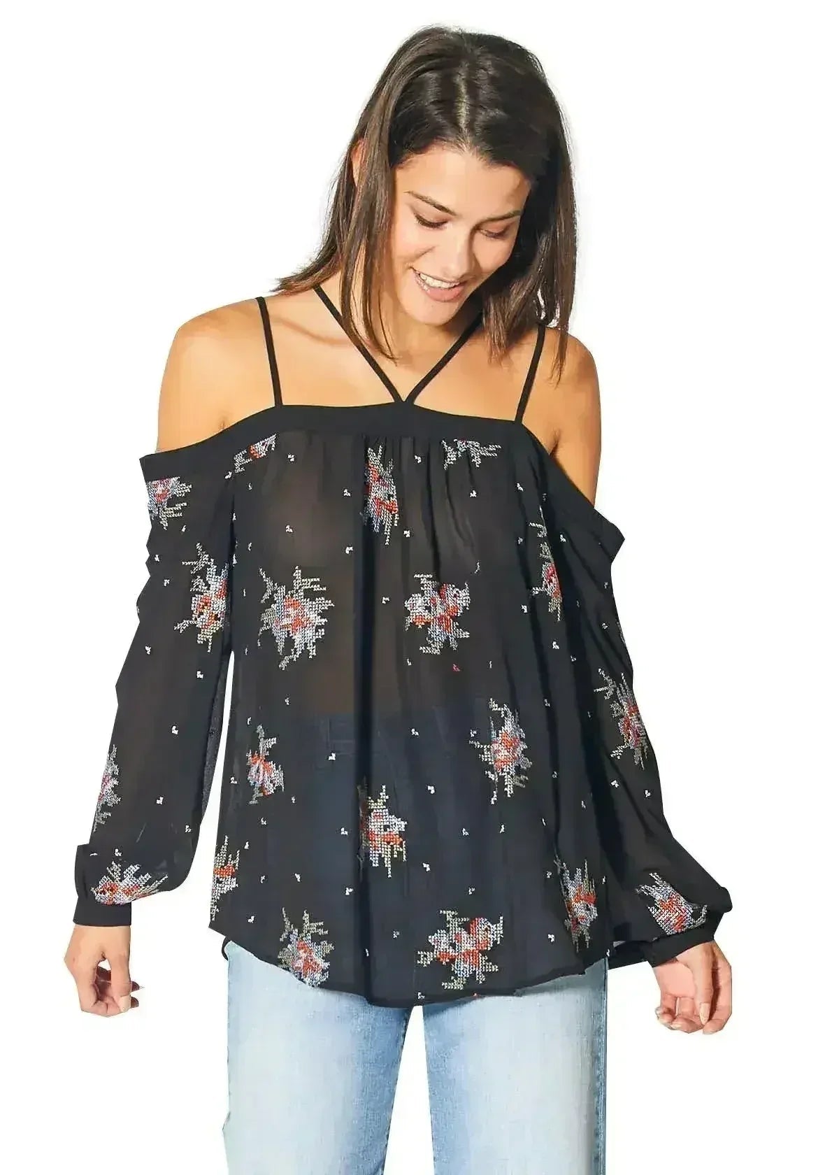 Off Shoulder Embroidery Print Blouse in Black | Femstylo
