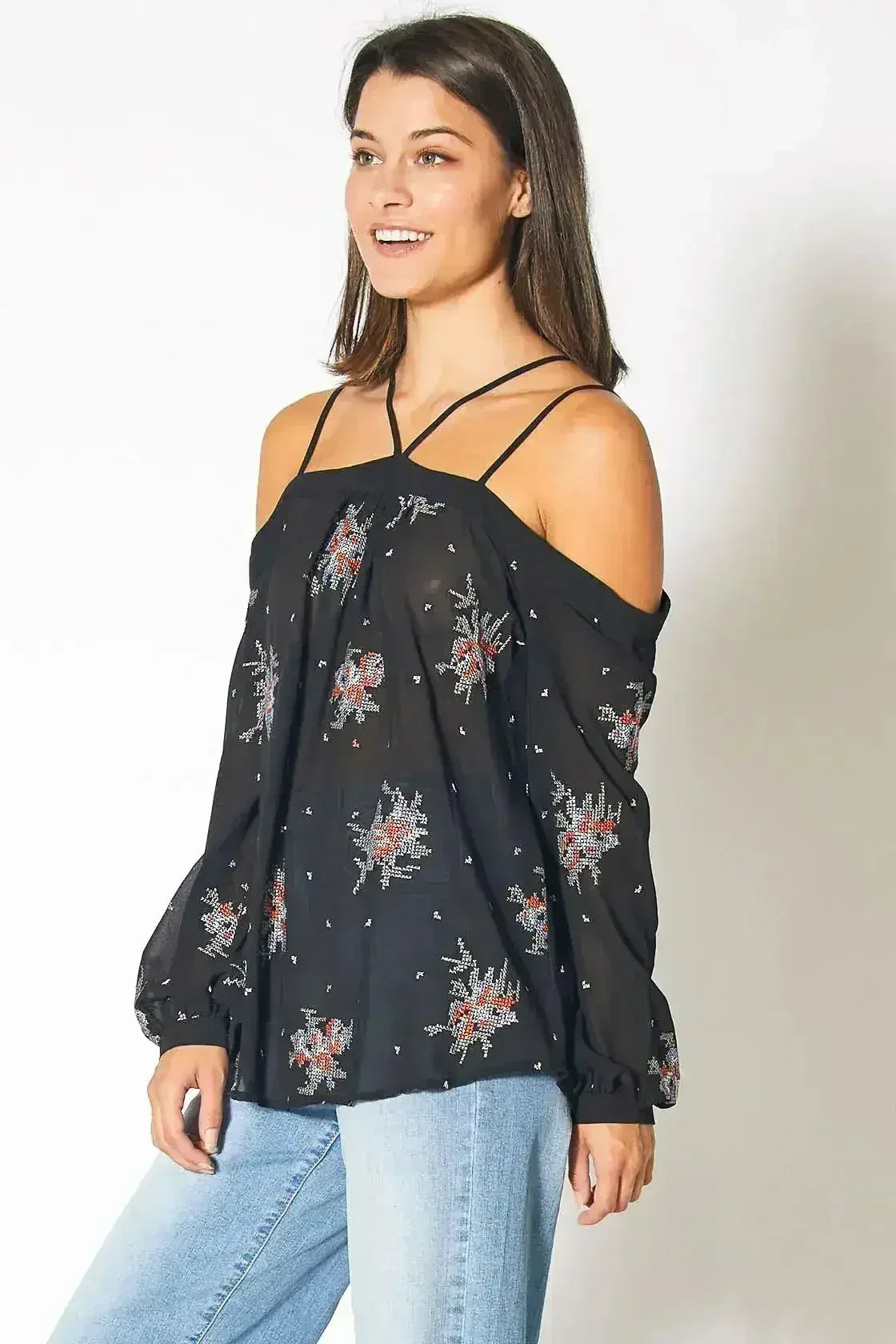 Off Shoulder Embroidery Print Blouse in Black | Femstylo