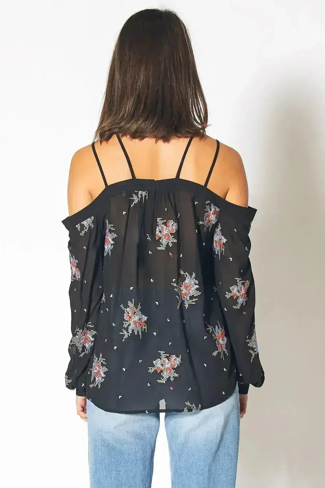 Off Shoulder Embroidery Print Blouse in Black | Femstylo