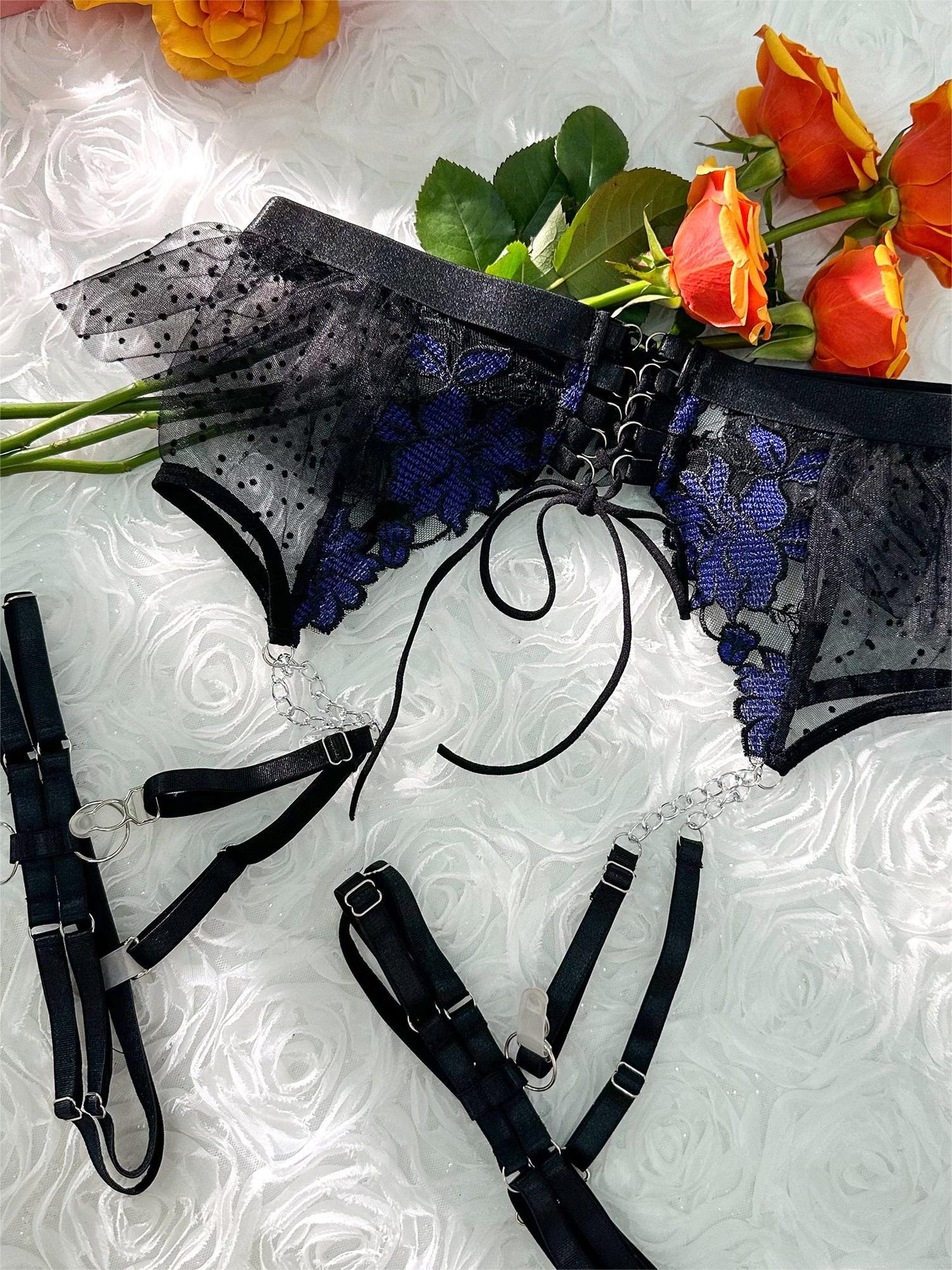Black&Blue Lace Tie Adjustable Sculpting Body Lingerie Set