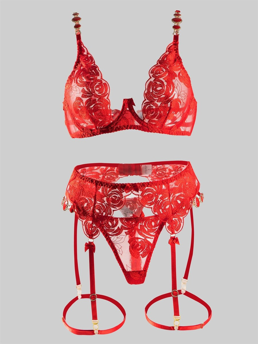Red Embroidered Sexy Push Up Lingerie Set