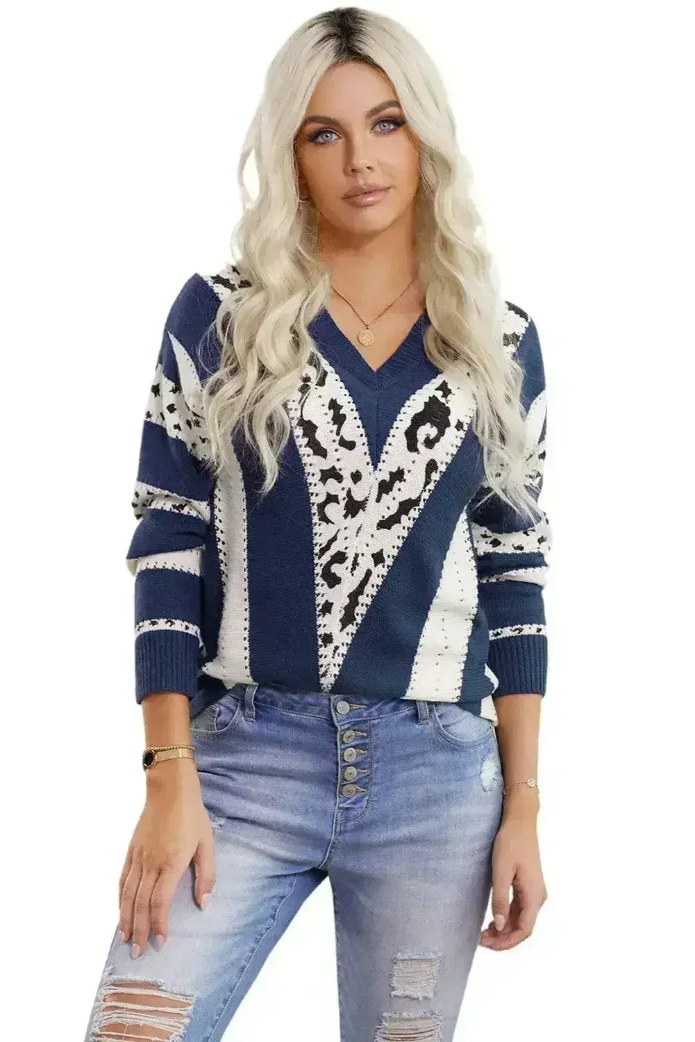 Blue Animal Print Sweater - Leopard Accent V-Neck Knit Top | Femstylo
