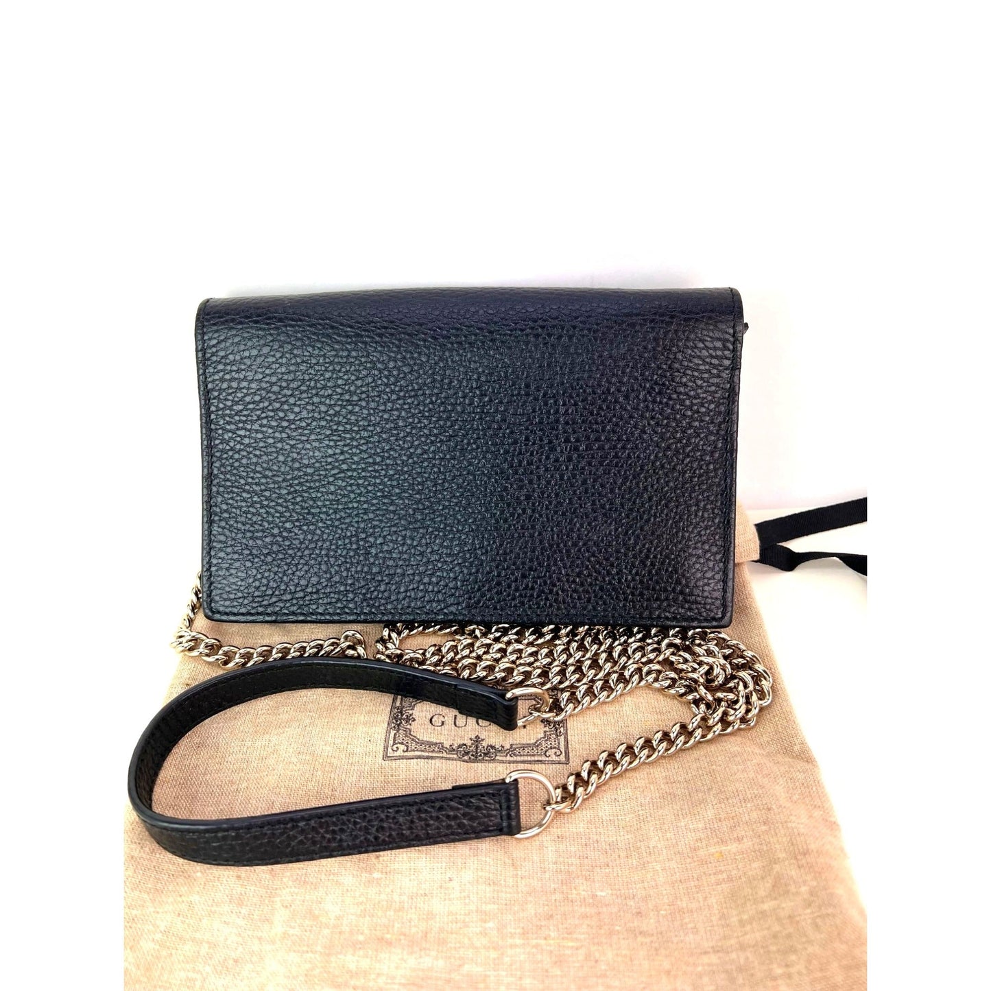 Gucci Interlocking Black Leather Dollar Calfskin GG Wallet on a Chain Clutch Bag