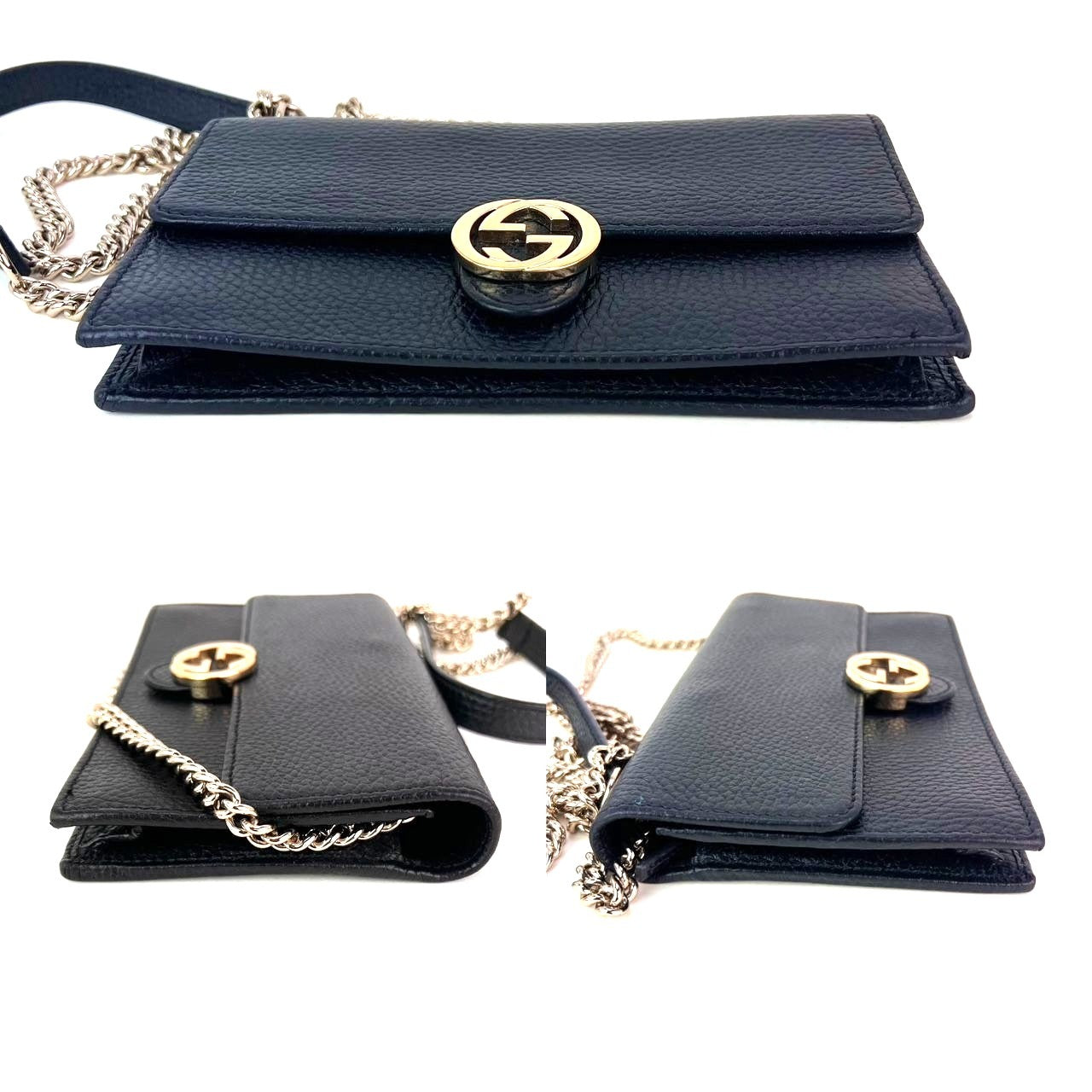 Gucci Interlocking Black Leather Dollar Calfskin GG Wallet on a Chain Clutch Bag