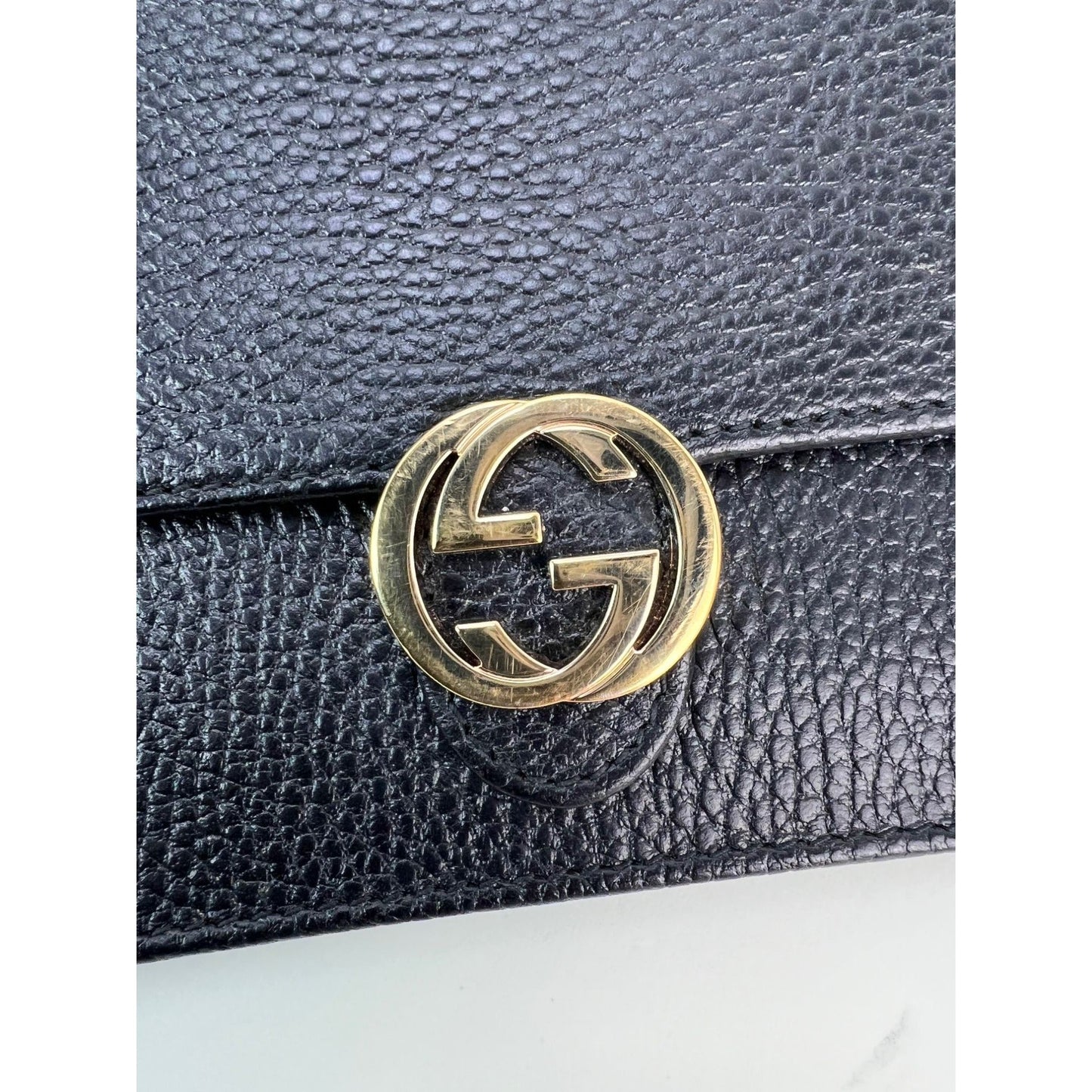 Gucci Interlocking Black Leather Dollar Calfskin GG Wallet on a Chain Clutch Bag