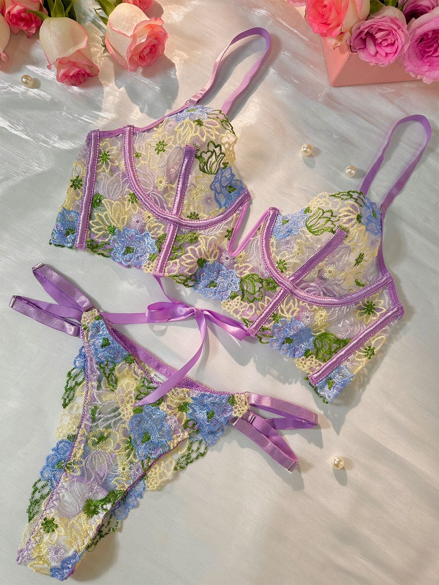 Purple Florals Embroidery Bustier  Lingerie Set