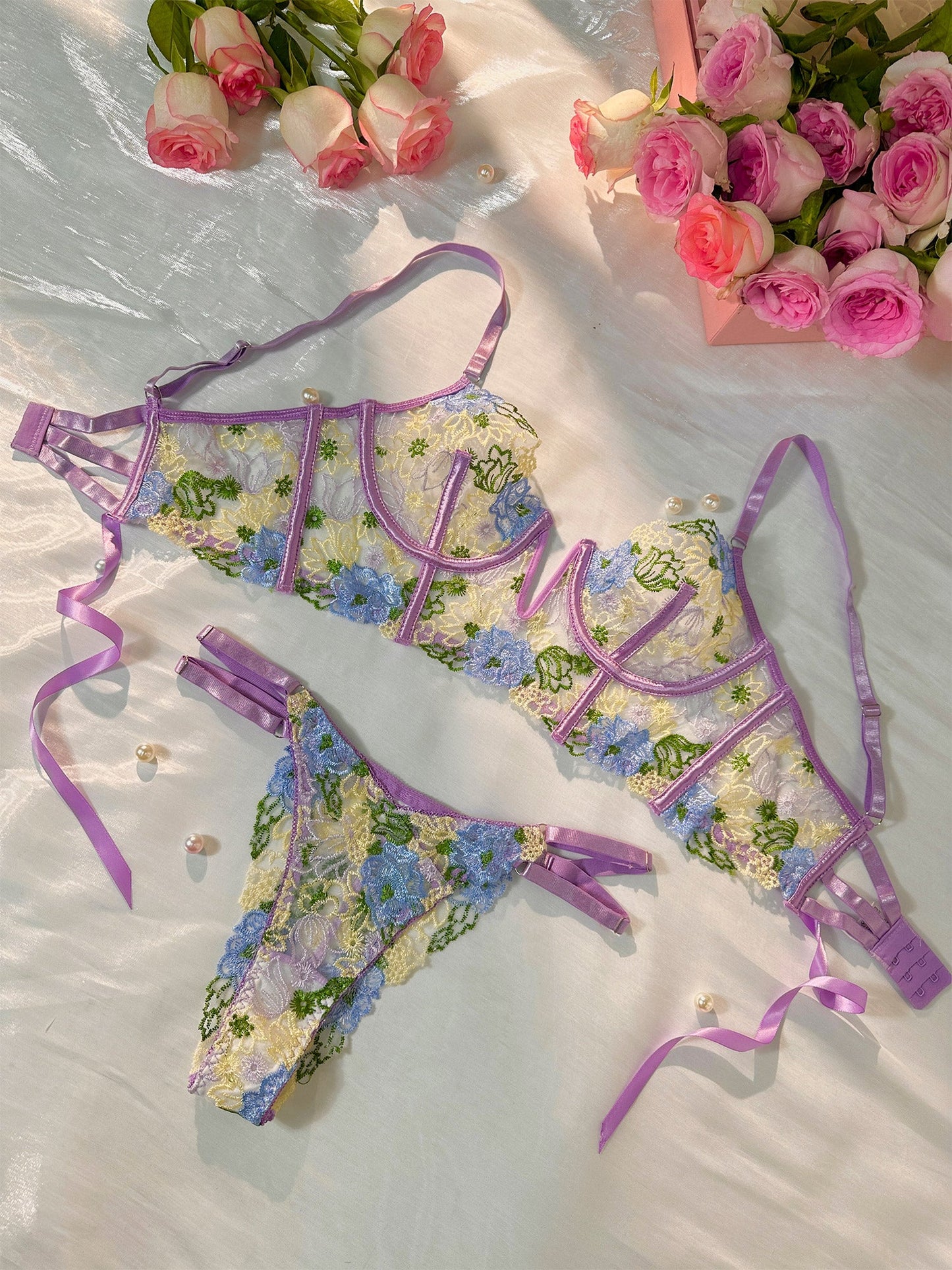Purple Florals Embroidery Bustier  Lingerie Set