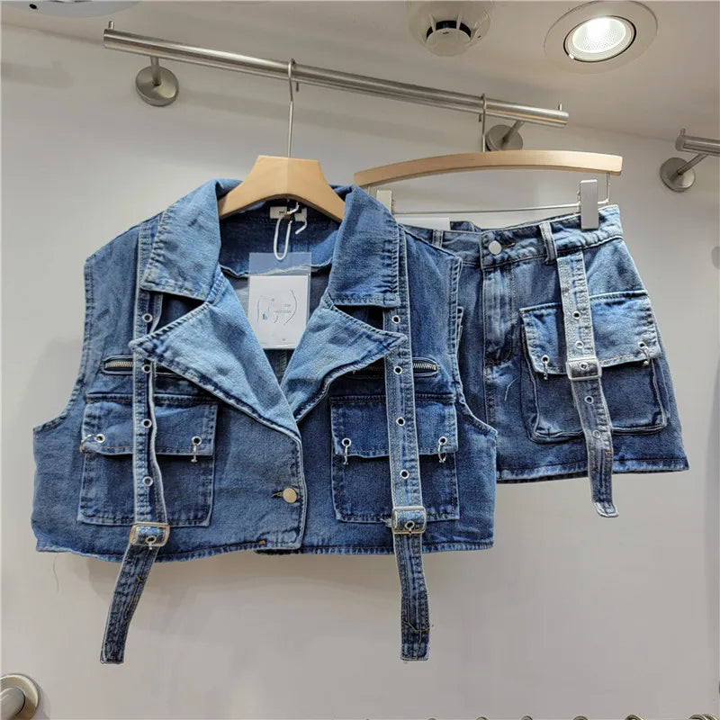 Retro Pink Large Pocket Denim Suit Spring Summer Sleeveless Short Vest High Waist Hip Wrapped Skirt 2 Pieces Sets Women Outfits