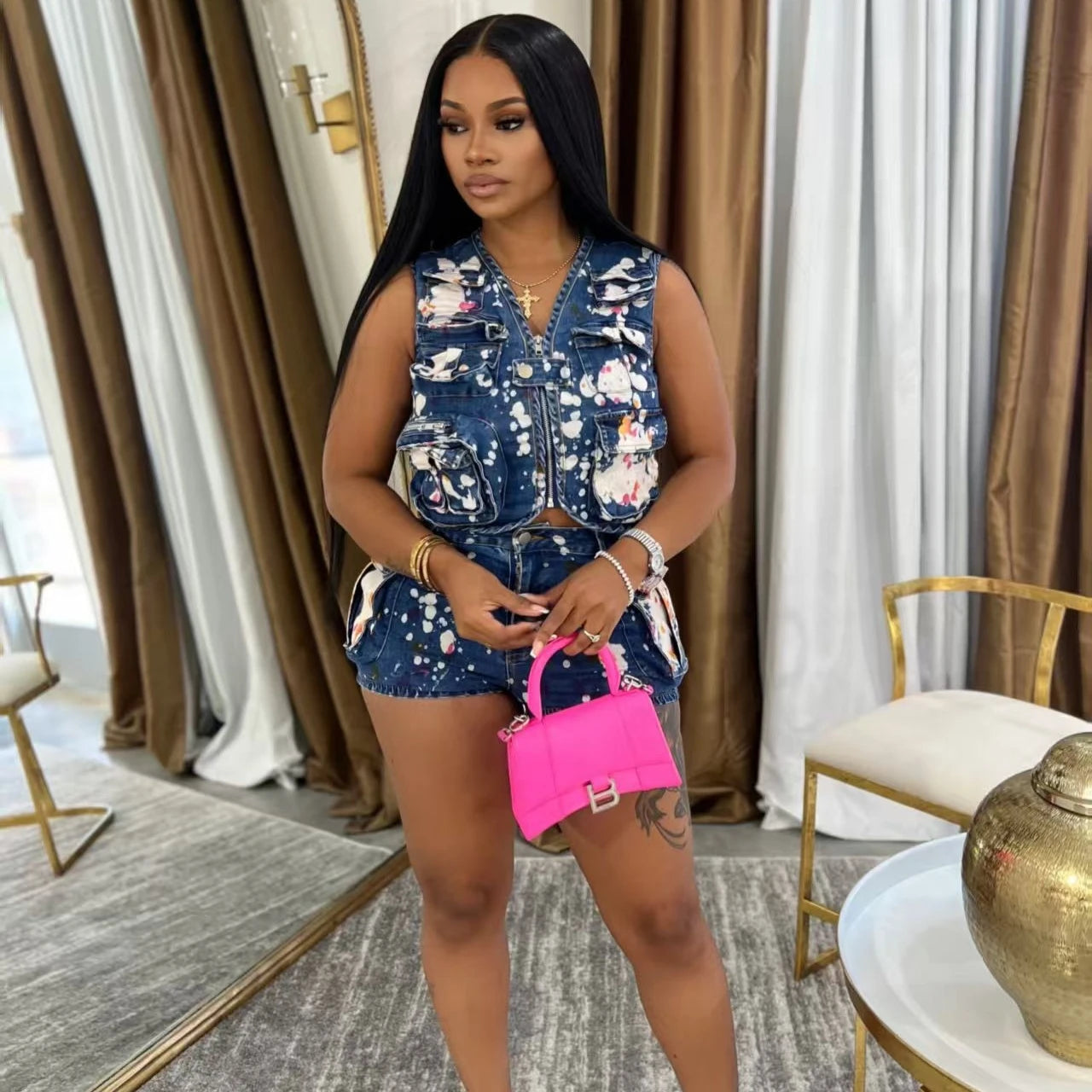 FAGADOER Fashion Printed Denim 2 Pieces Set for Woman Sleeveless Zip Cargo Pocket Jacket Patchwork Crop and Shorts Jeans Outfits