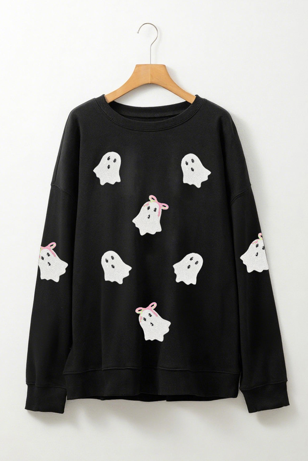 Black Sequin Bow Ghost Graphic Crew Neck Sweatshirt