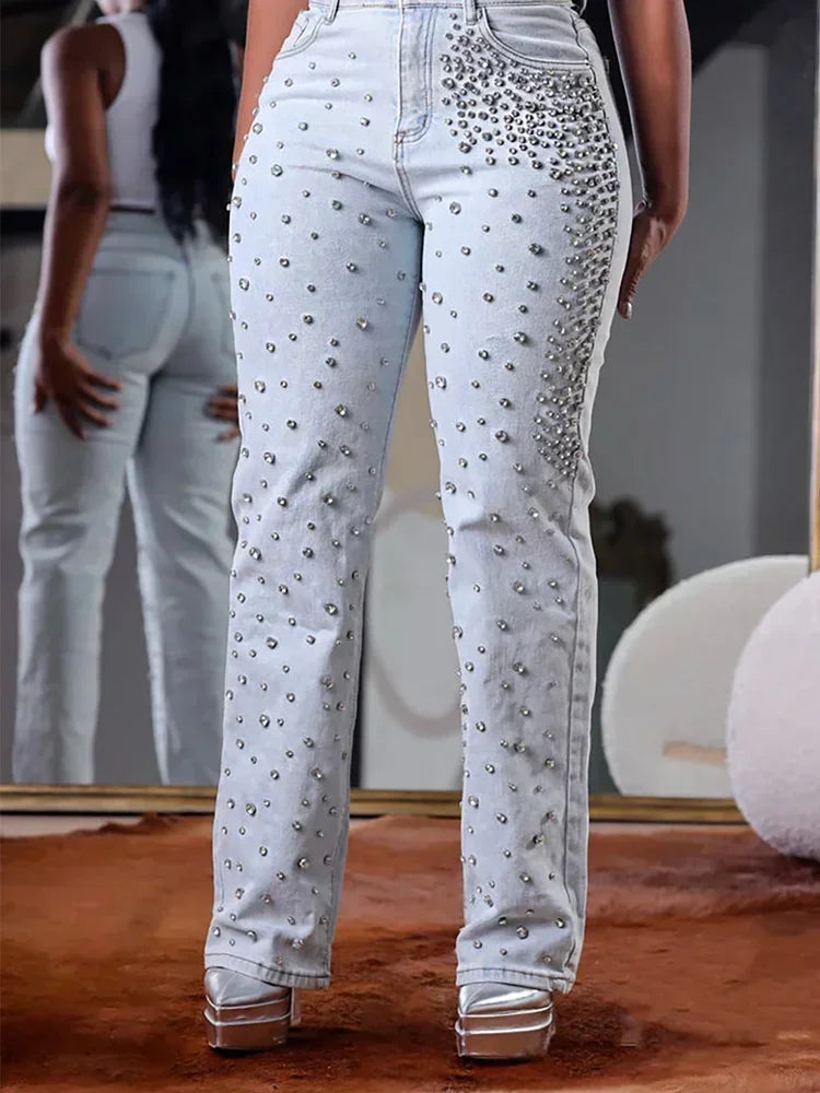 Plus Size Women's Beading Jeans High Waist Slim Casual Denim Pant Vintage Fashion 2025 Streetwear Straight Jeans Trousers