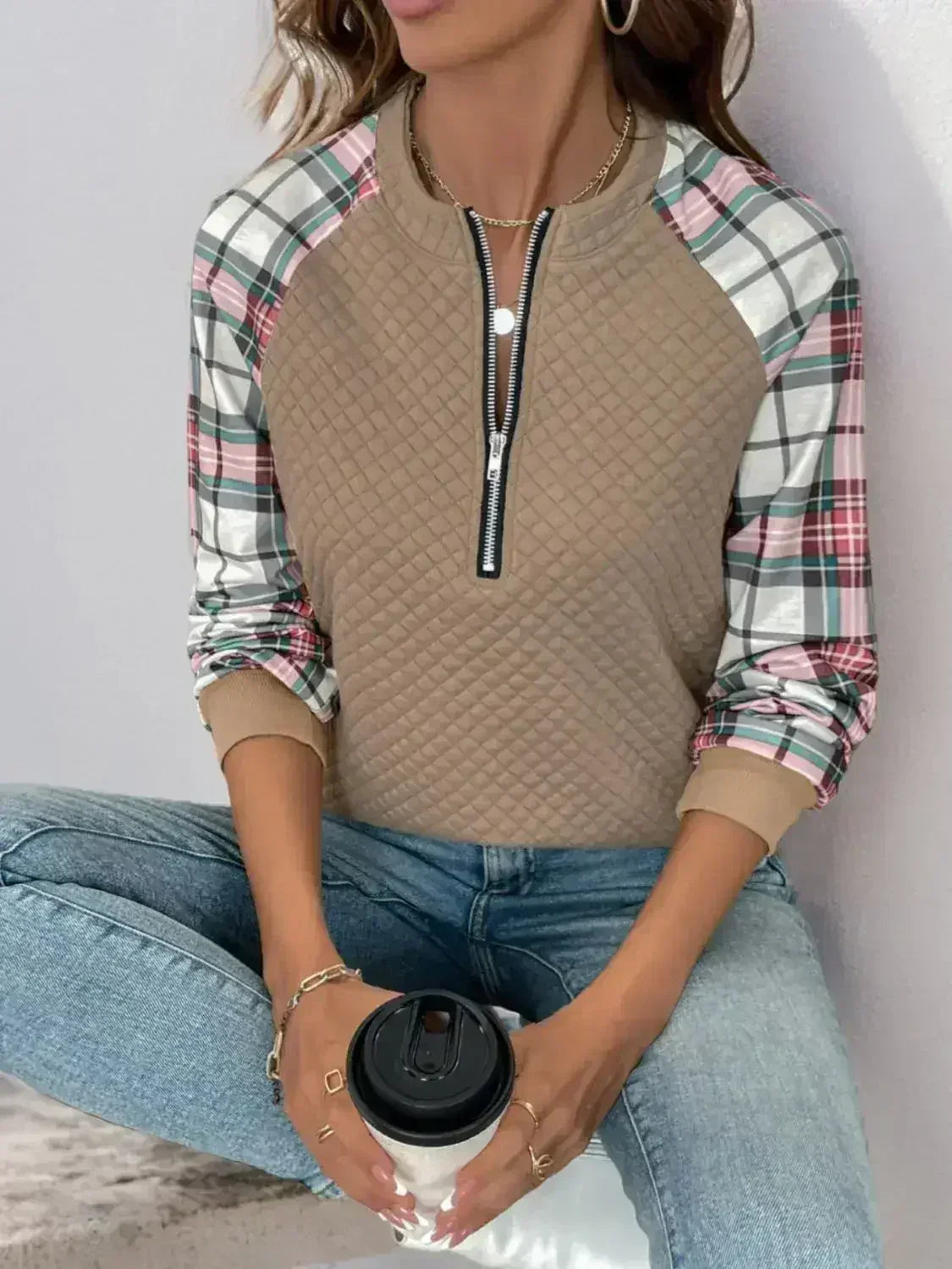 Perfee Plaid Half Zip Long Sleeve Texture Sweatshirt