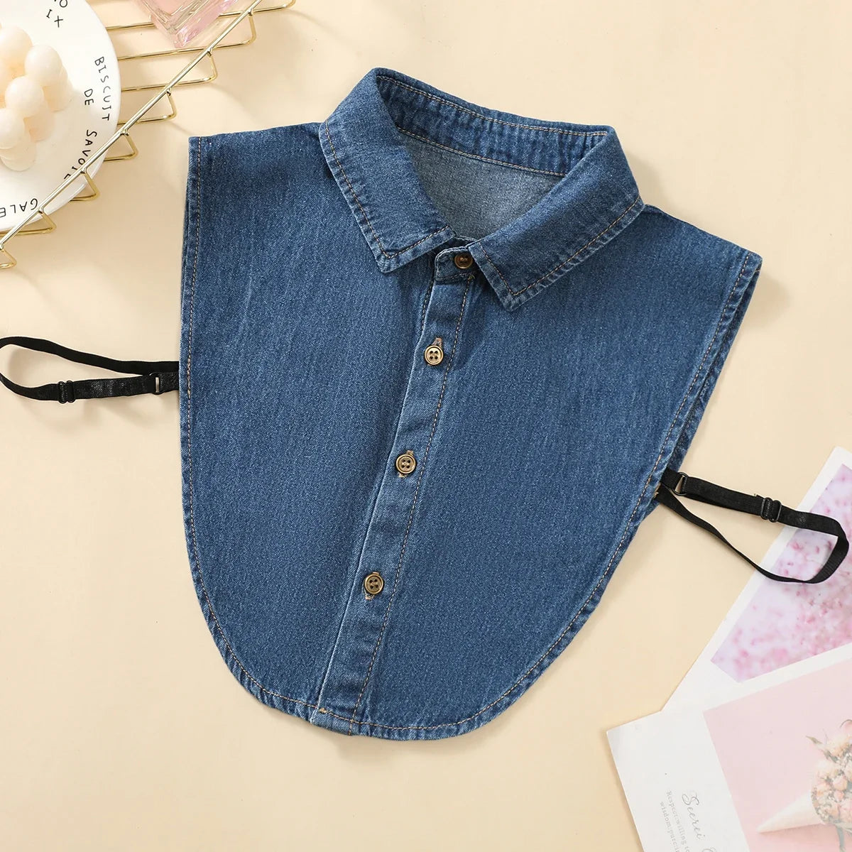 Faux col pointu en jean bleu délavé pour femme, style professionnel, décontracté et polyvalent, style demi-chemise 