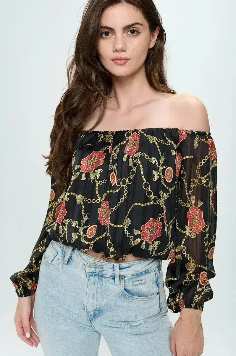 Off-Shoulder Chain Print Crop Top - Red & Black Chiffon Blouse - Femstylo
