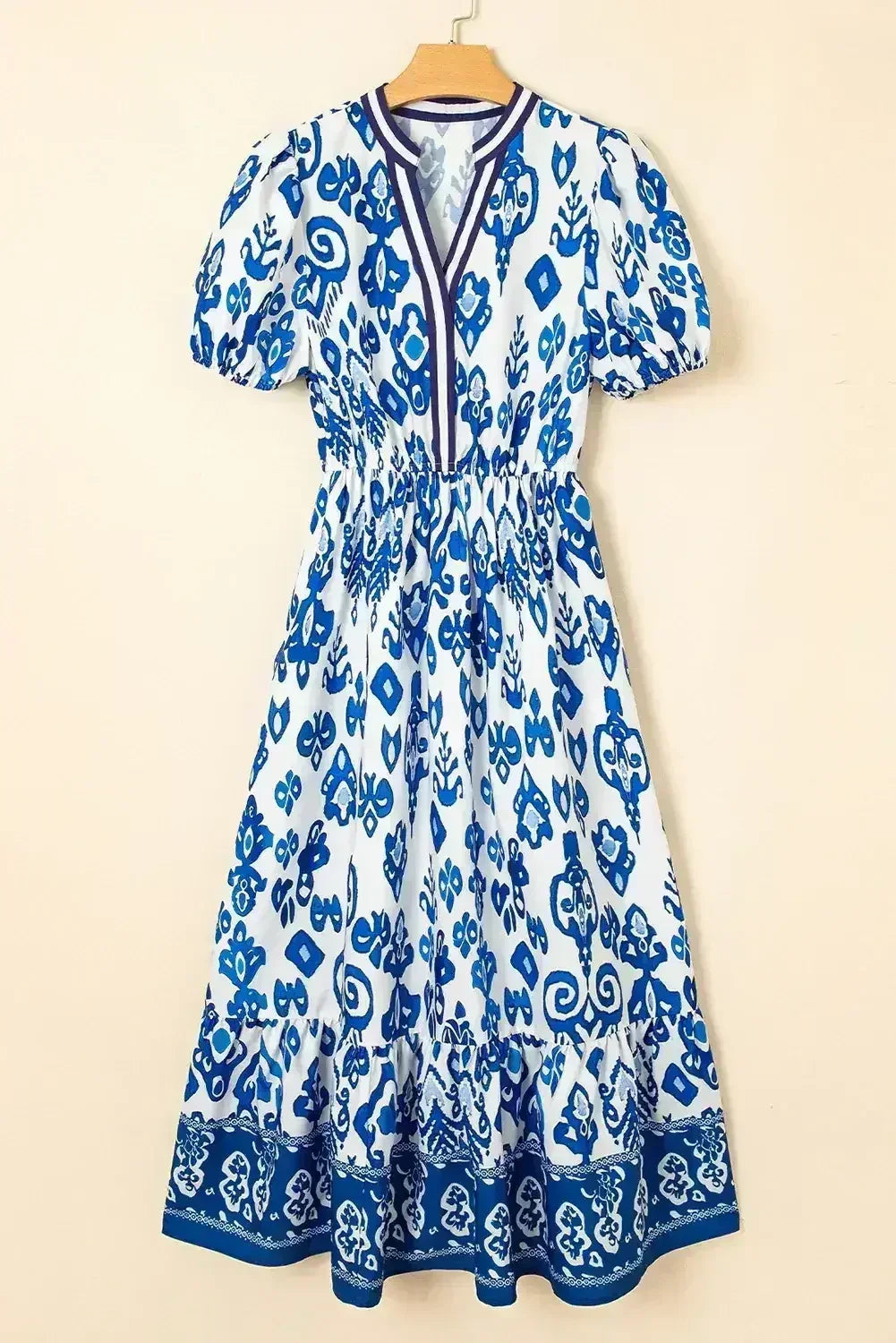 Blue Floral Ruffle Hem Pop of Color Neckline Dress