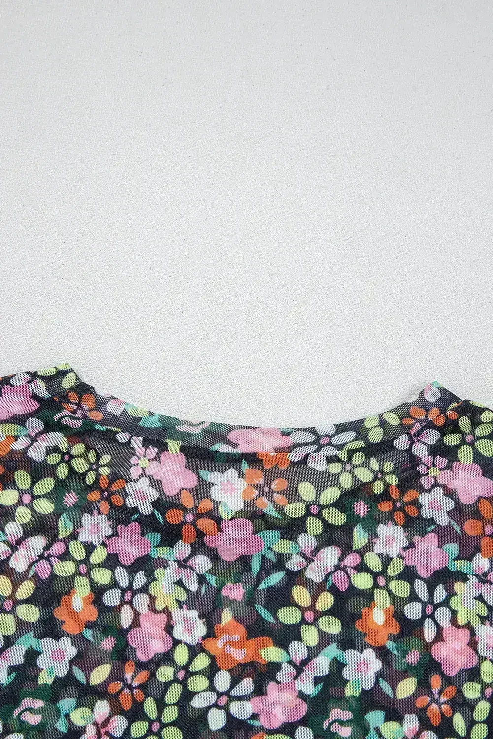 Black Sheer Mesh Floral Round Neck T Shirt with Camisole