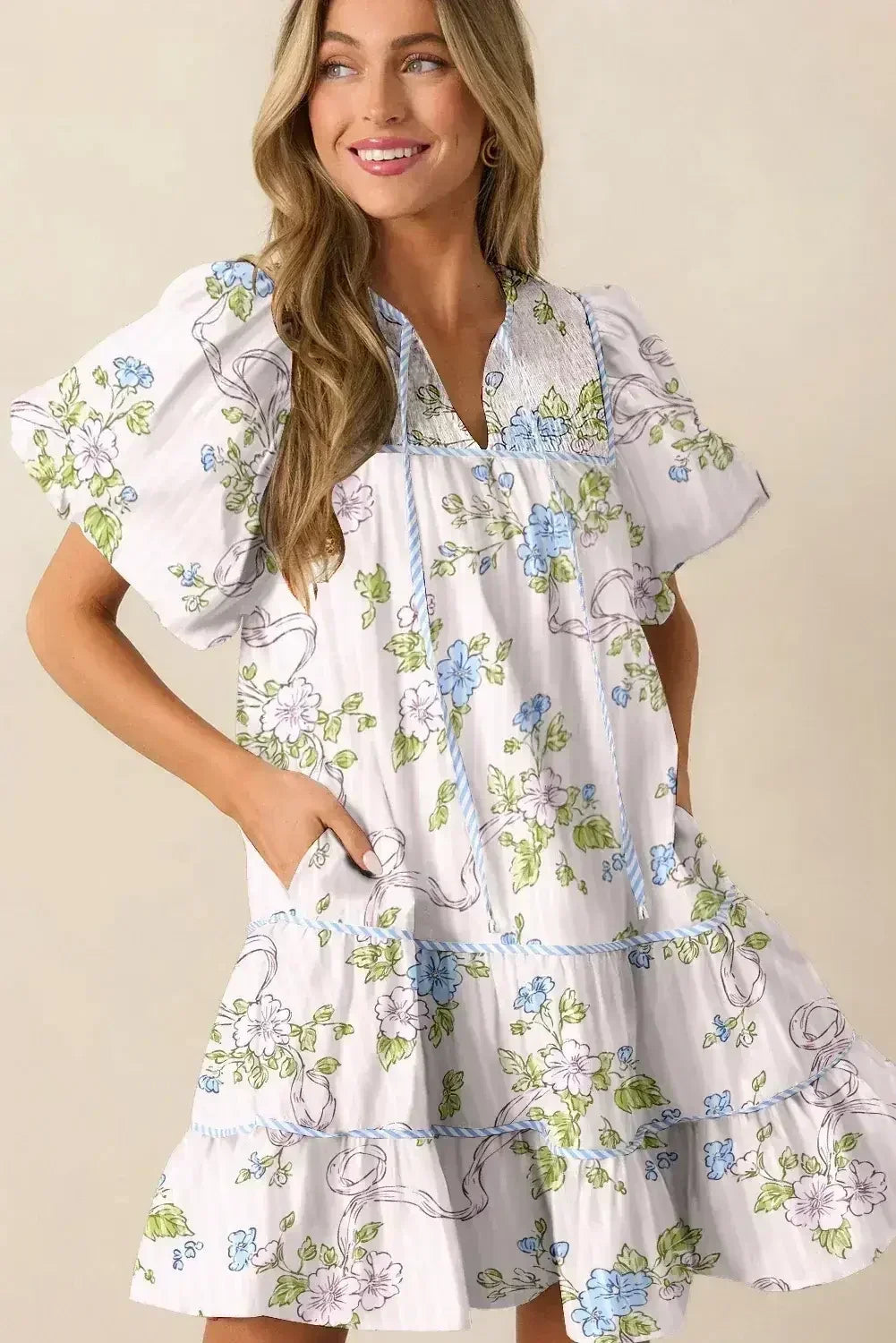 Pink Floral Striped Print Contrast Trim Tie Split Neck Mini Dress