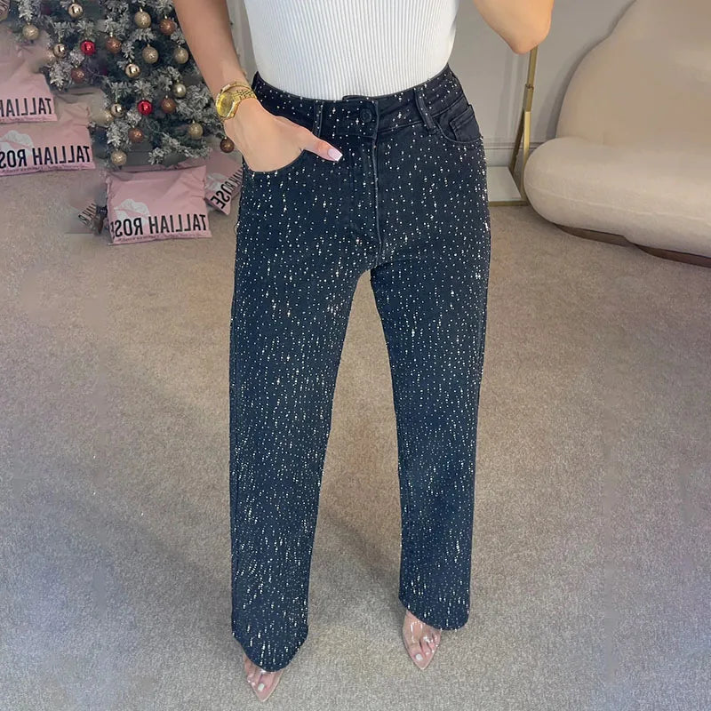 Y2k Women Shiny Rhinestone Denim Pants Wide Leg Straight Full Diamond Jeans for Female Dragging High Street Outwear Trousers