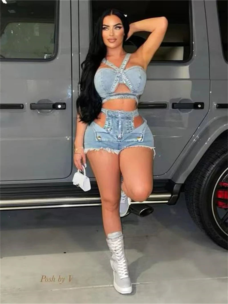 Sexy Jean 2 Piece Sets Women Outfit Summer Clothes Women 2024 Strapless Hollow Out Vest Top + Shorts Sets Street Denim Woman Set