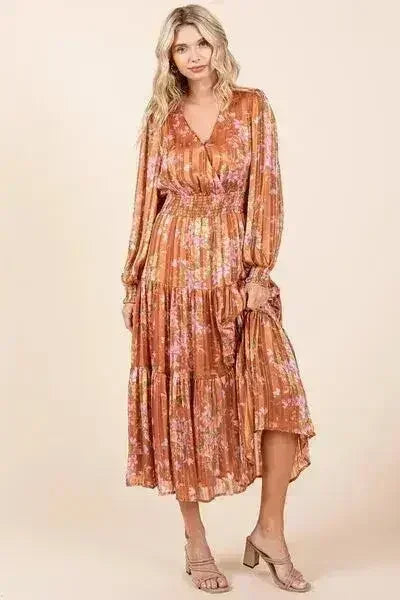 Mittoshop Flower Print Satin Lurex Stripe Smocked Midi Dress