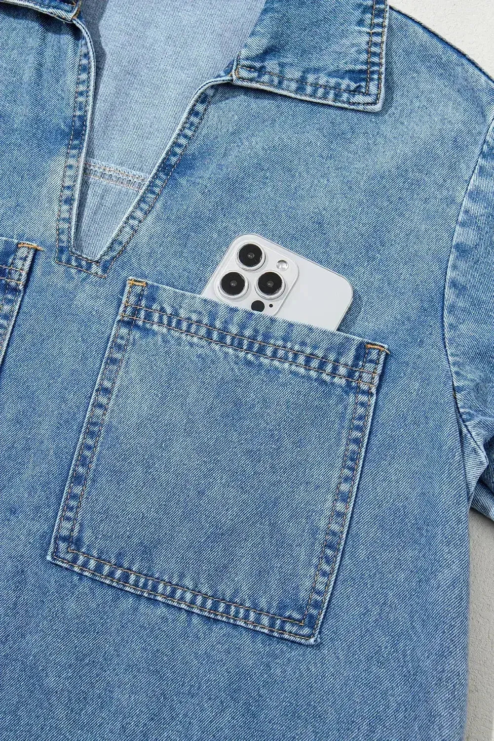 Beau Blue Short Sleeve Collared Chest Pocket Denim Mini Dress