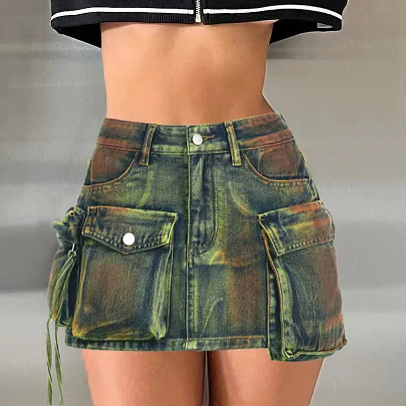 Make-old Three-dimensional Multi-pocket High Waist Denim Skirt. New Asymmetrical Casual A-line Mini Skirt for Women in Summer