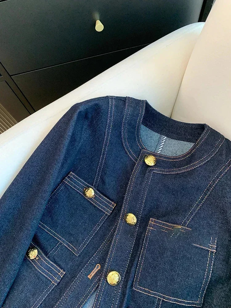 Blue Denim Top Women Autumn Classic Style Short Coat New Korean Fashion  Chic Pockets O-Neck Female Ropa De Mujer Loose Jackets