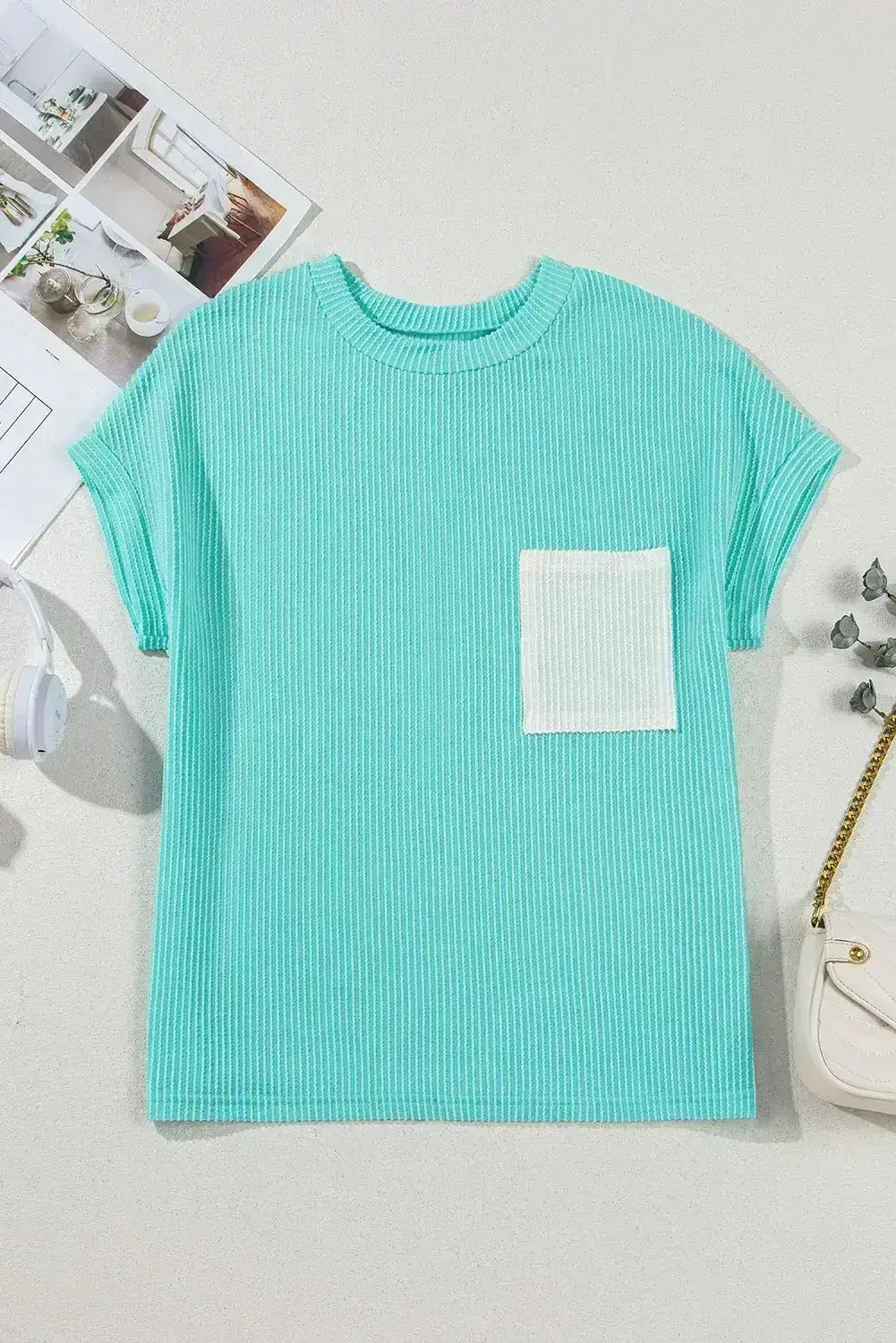 Pink Corded Colorblock Pocket Crew Neck T Shirt