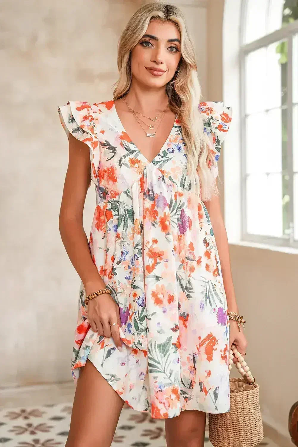 Pink Floral Ruffle Sleeve V Neck High Waist Mini Dress