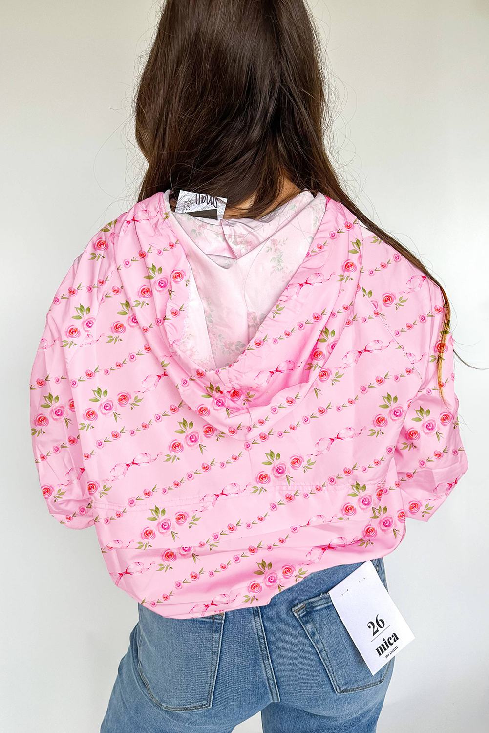 Pink Floral Print Half Zip Drawstring Hoodie Kangaroo Pouch