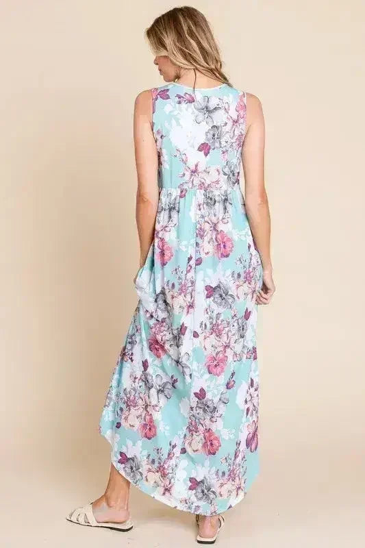BOMBOM Floral Round Neck Sleeveless Maxi Dress with Pockets