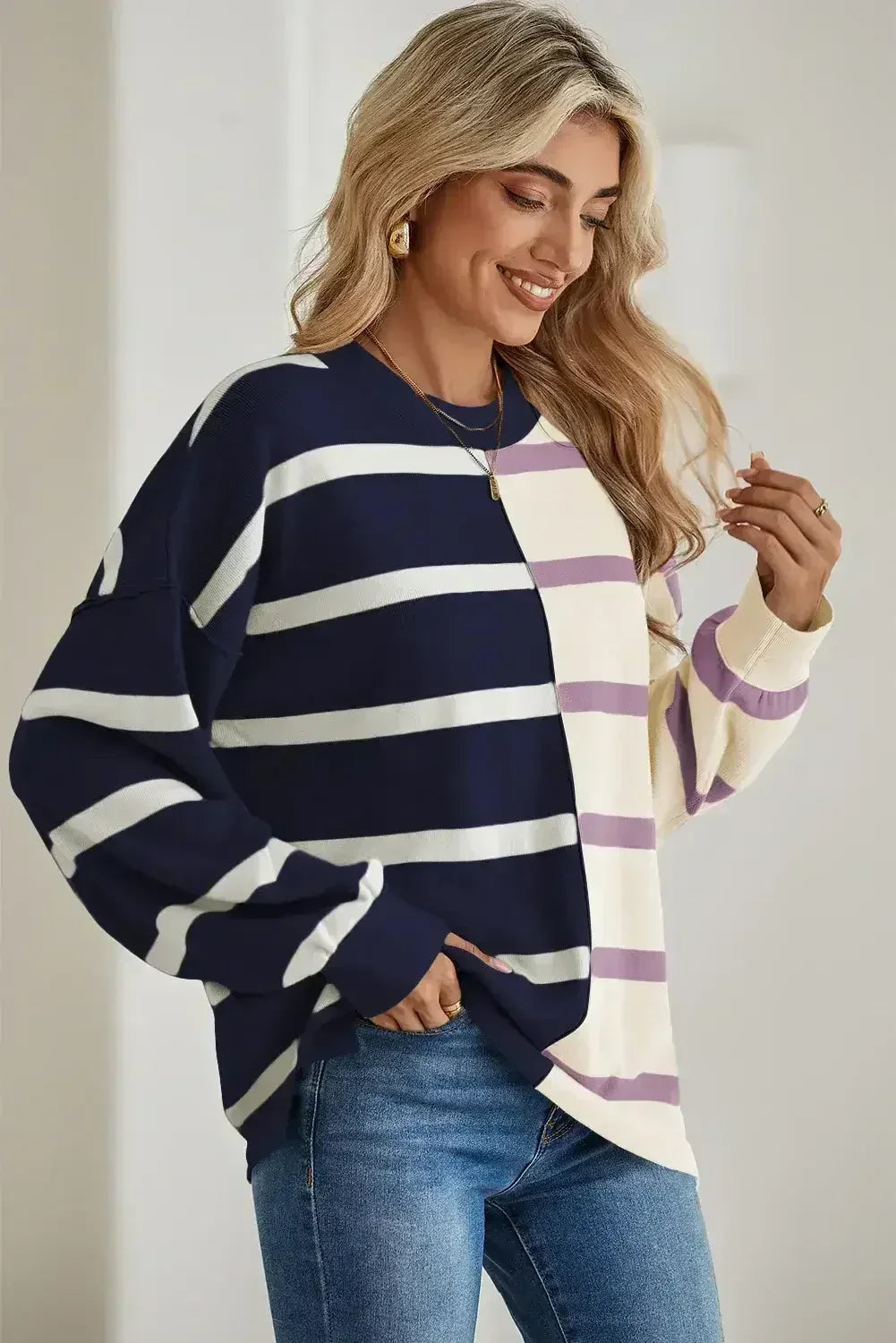 Pink Striped Patchwork Drop Shoulder Sweater