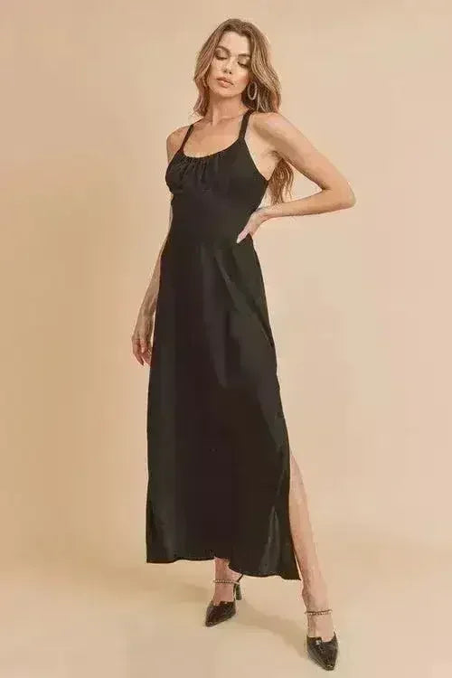 Aemi + Co Ruched Side Slit Cutout Back Maxi Cami Dress
