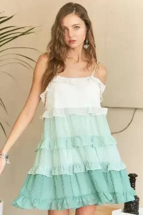 ADORA Swiss Dot Ruffled Tiered Mini Dress