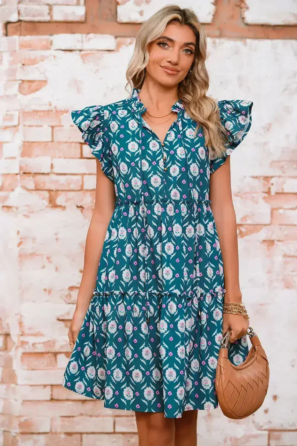 Blue Retro Floral Print Split Neck Ruffle Short Sleeve Dress
