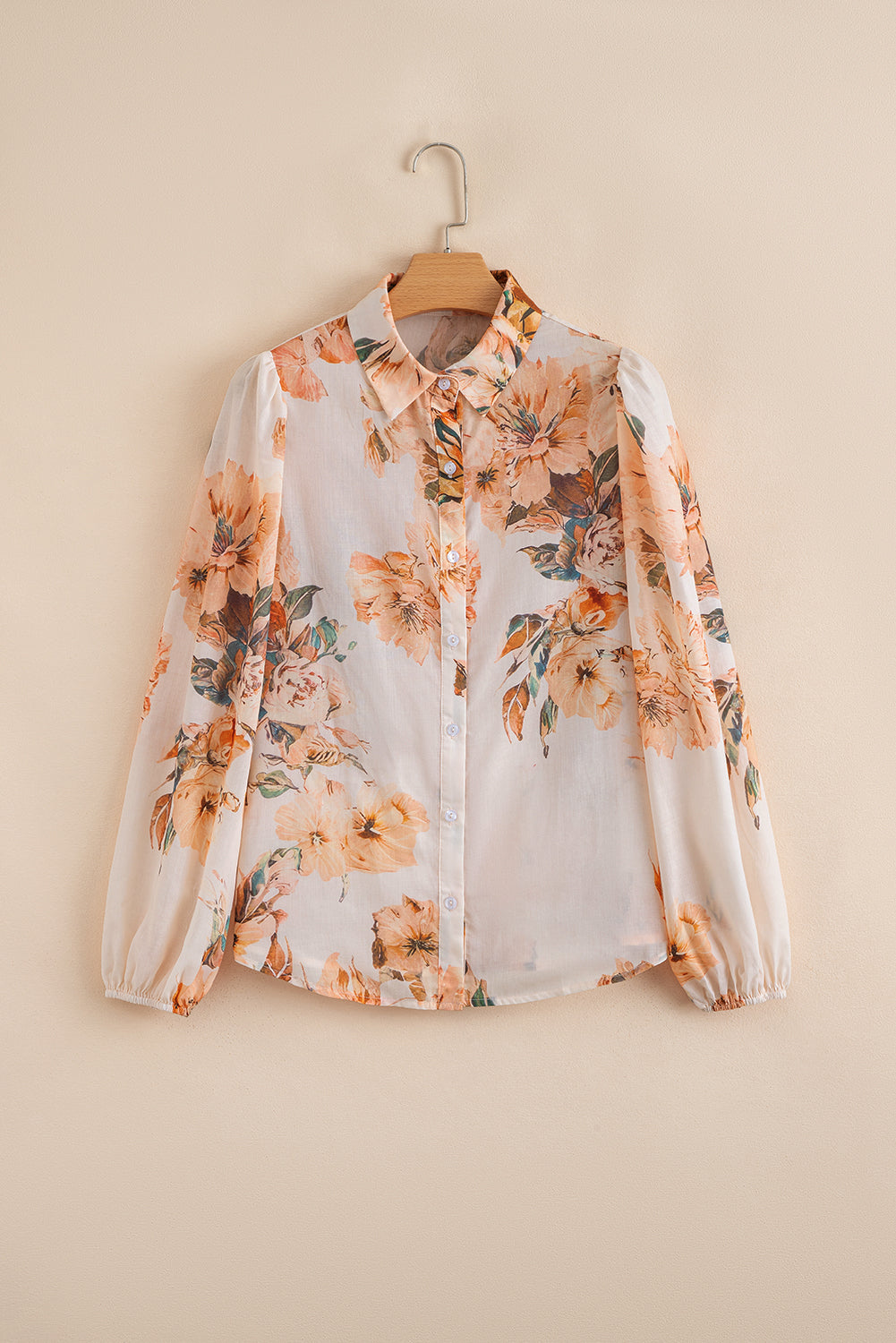 Orange Floral Puff Sleeve Polyester Lightweight Shirt
