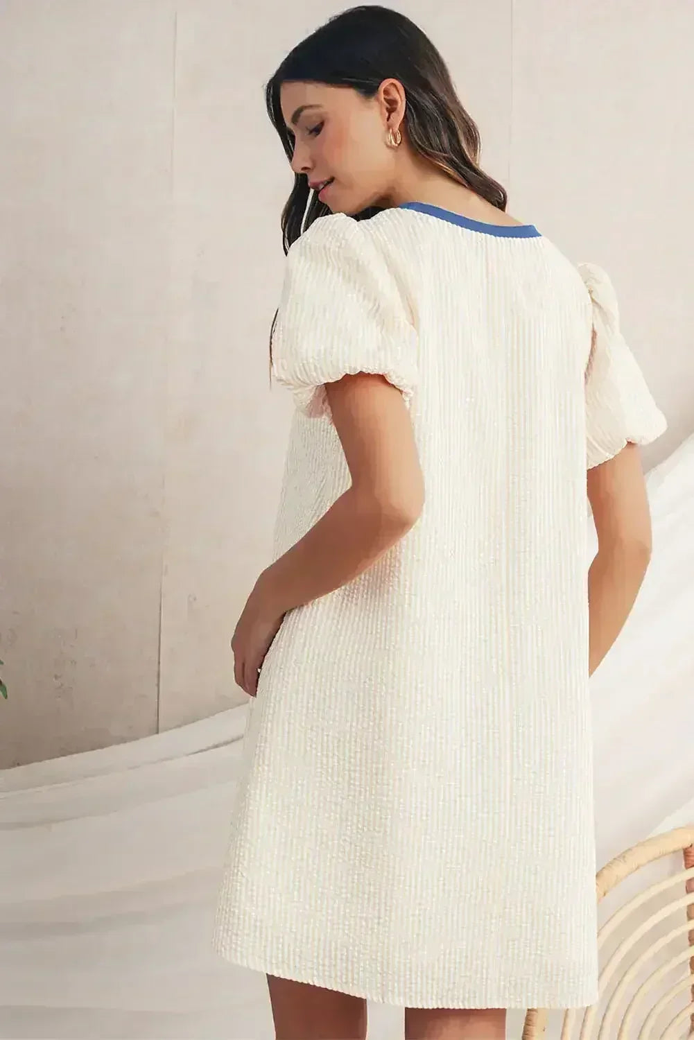 Beige Striped Print Puff Sleeve Textured Mini Dress