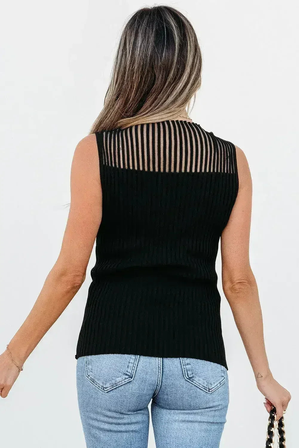 Black Mesh Cutout Knit Vest - Edgy Ribbed Design | Femstylo