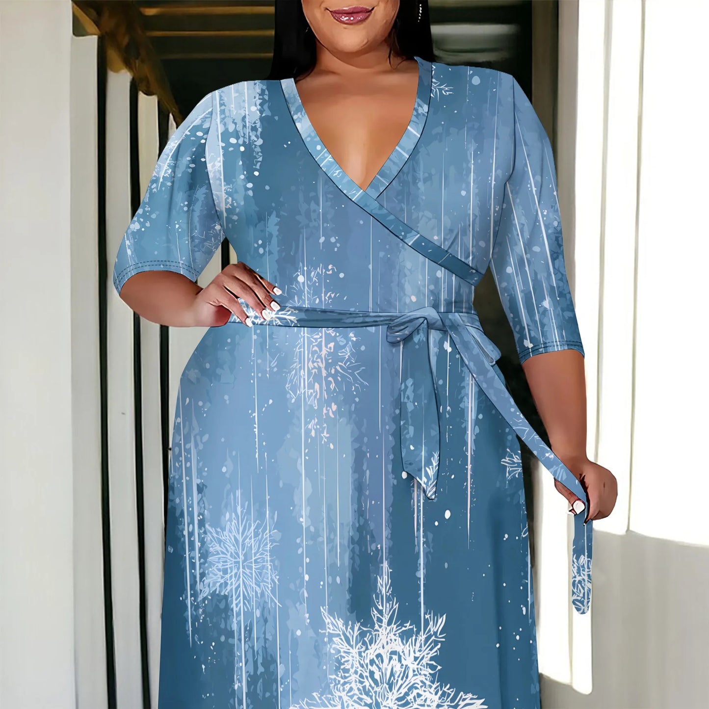 Plus Size Women's 3/4 Sleeve V-Neck Snowflake Print Wrap Maxi Dress Winter Elegant Party Dress