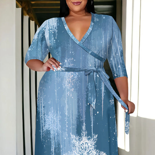 Plus Size Women's 3/4 Sleeve V-Neck Snowflake Print Wrap Maxi Dress Winter Elegant Party Dress